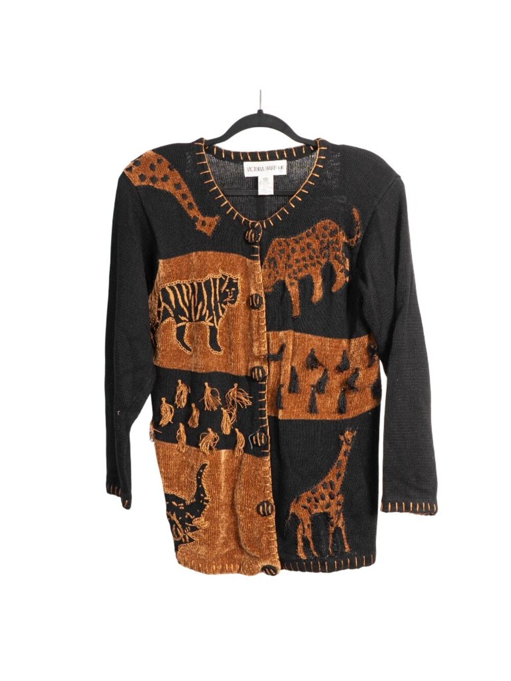 VTG Safari Sweater S 90s MomCore Black Brown Wild Animal Cardigan Buttons Tassel